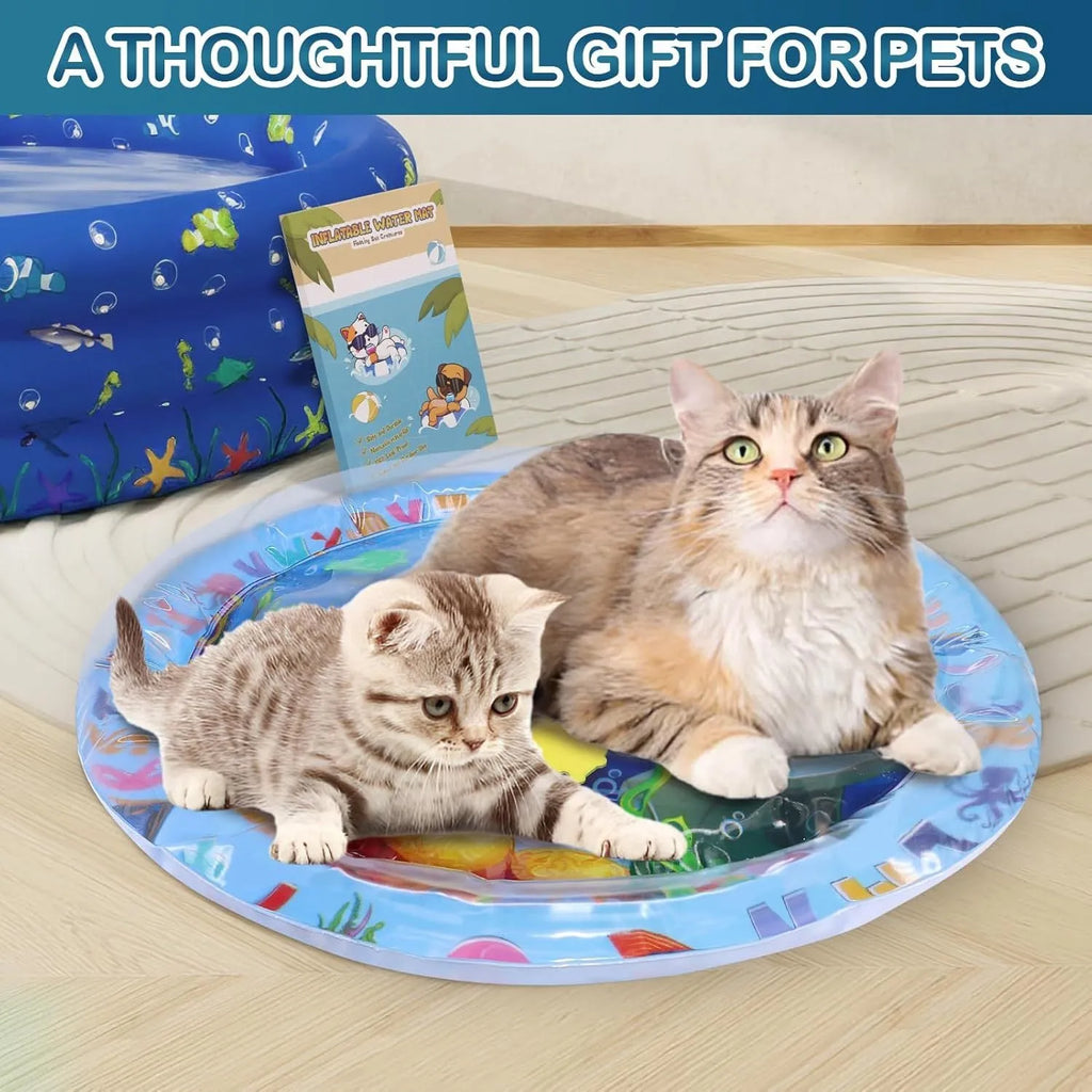 Blue water sensory playmat for cats and dogs on floor, showing inflated edge and floating fish toys inside.