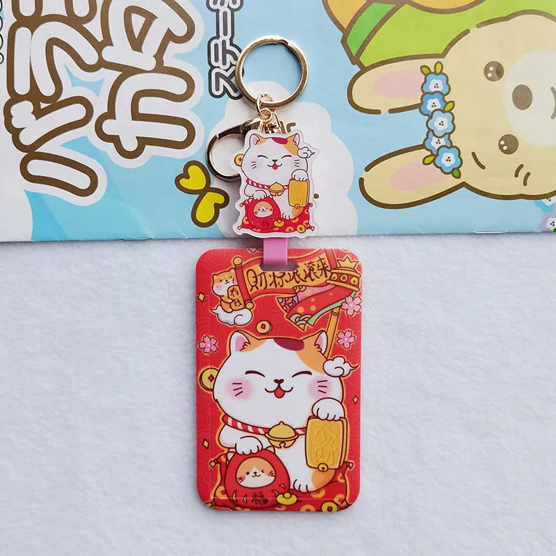 Cartoon lucky cat plastic card sleeve with hanging ferrule pendant for certificates.