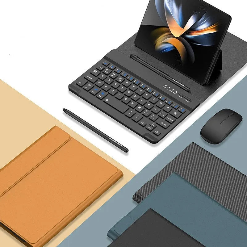PU leather folding keyboard case for Samsung Fold with Bluetooth keyboard, mouse, pen, and stand