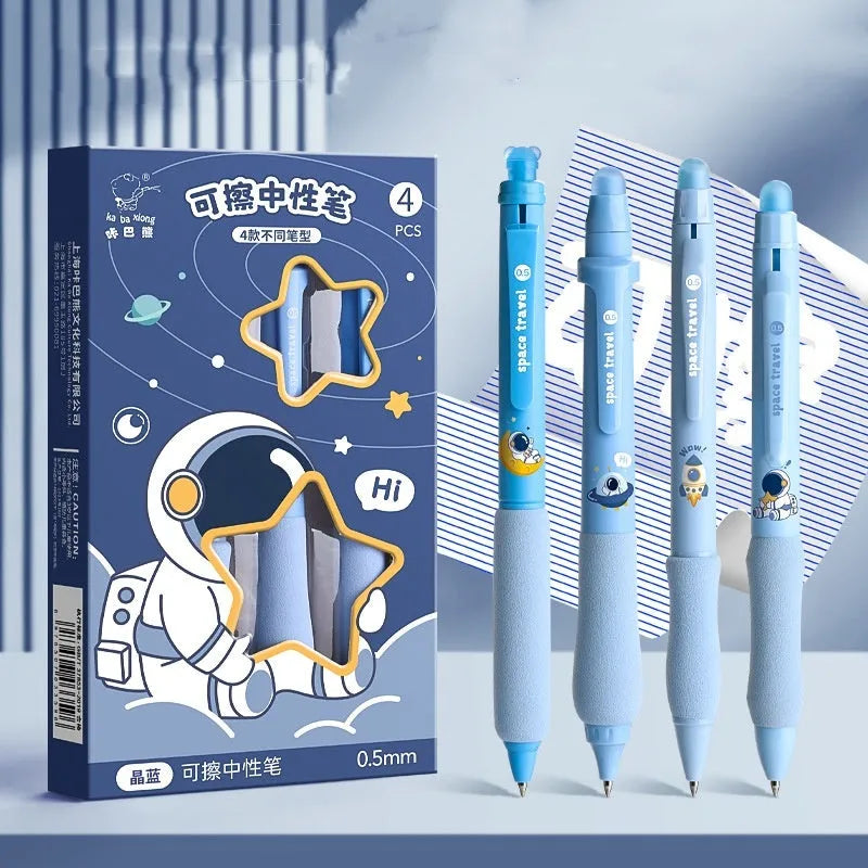 Erasable gel pen with cartoon designs and 0.5mm tip in black or crystal blue ink