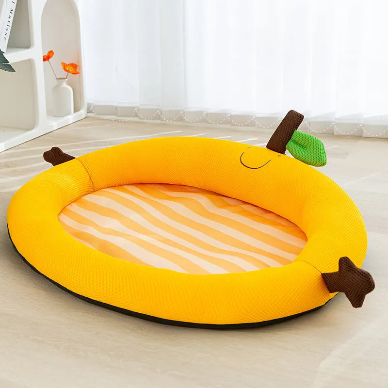 Green fruit backrest pet nest mat for dogs and cats with raised edge border in large size.