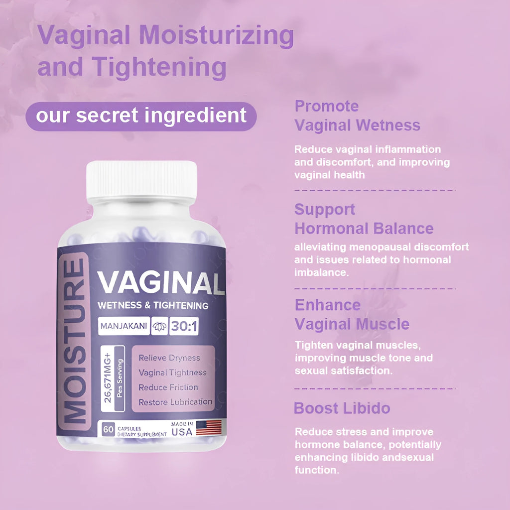 Bottle containing 60 vaginal capsules for adult intimate care with extract-based formula