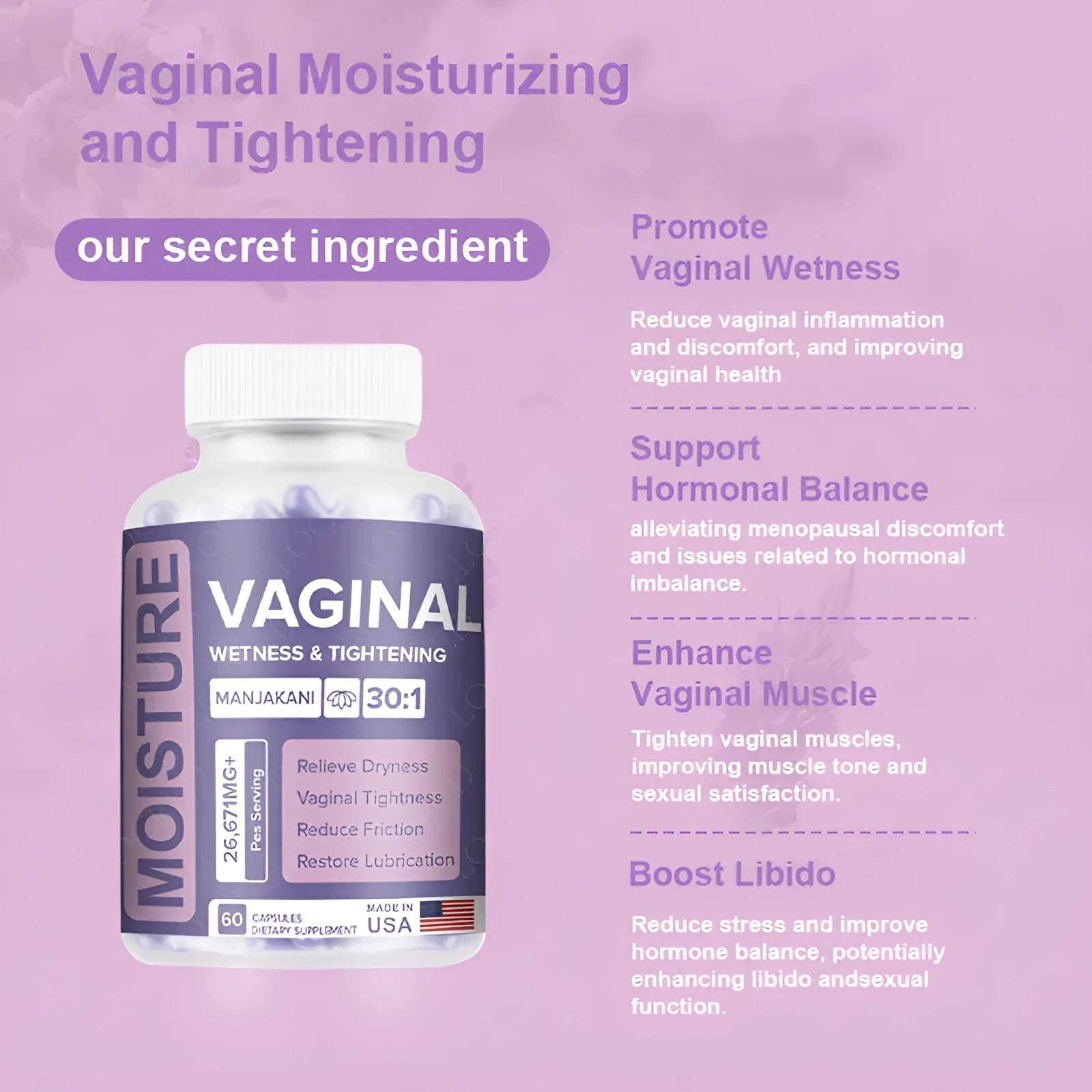 Bottle containing 60 vaginal capsules for adult intimate care with extract-based formula