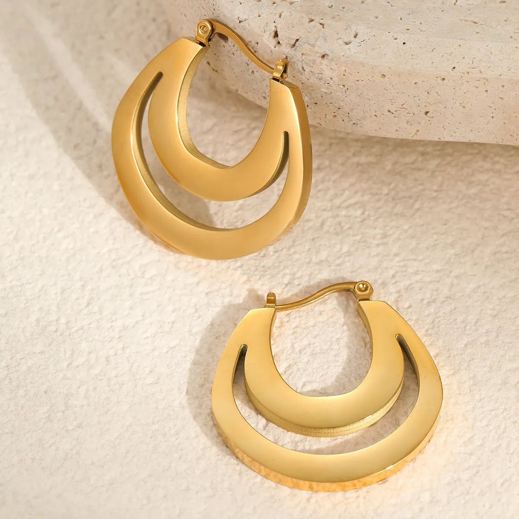 Geometric French earrings with gold plating on stainless steel, round ring design, 18K purity