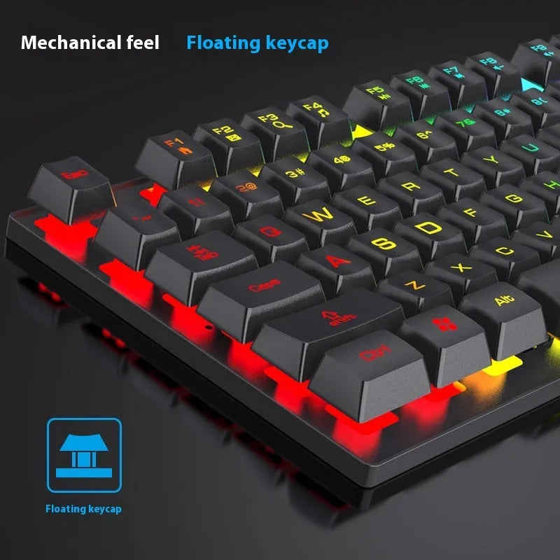 Black 104-key gaming keyboard with backlit keys on a desktop setup