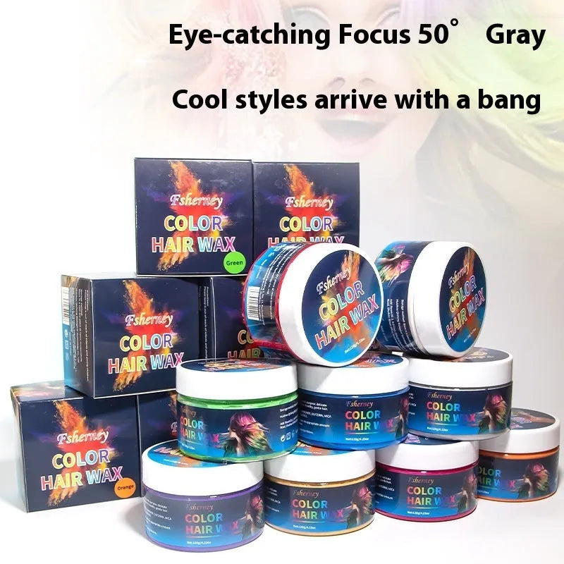 120g tub of hair styling clay mud in various colours including blue, red, and green for temporary hair dye