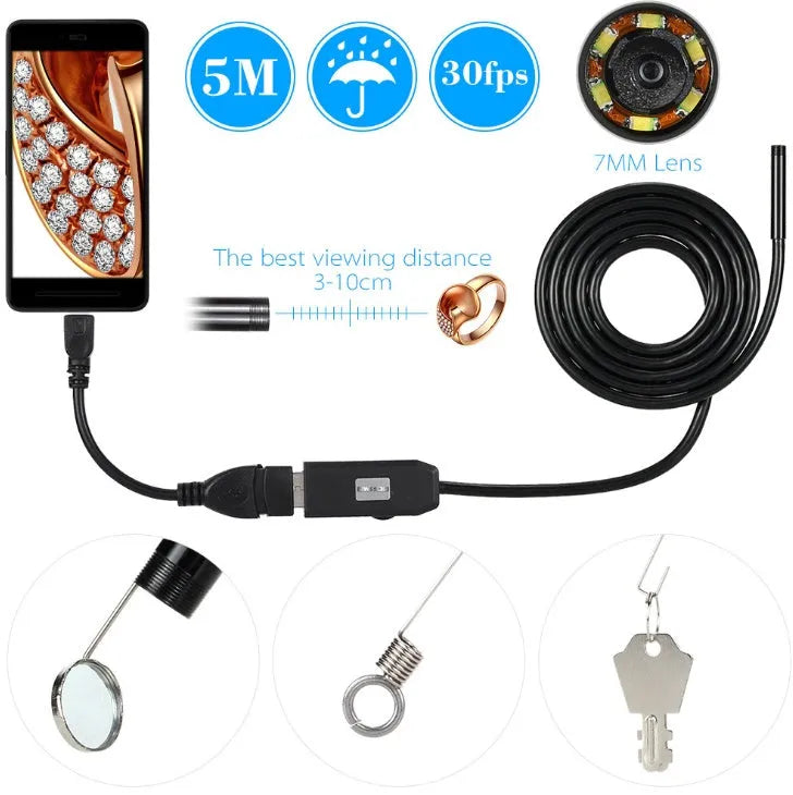 OWSOO 7mm USB endoscope camera with 5M waterproof snake tube and 6 adjustable LEDs for Android inspection