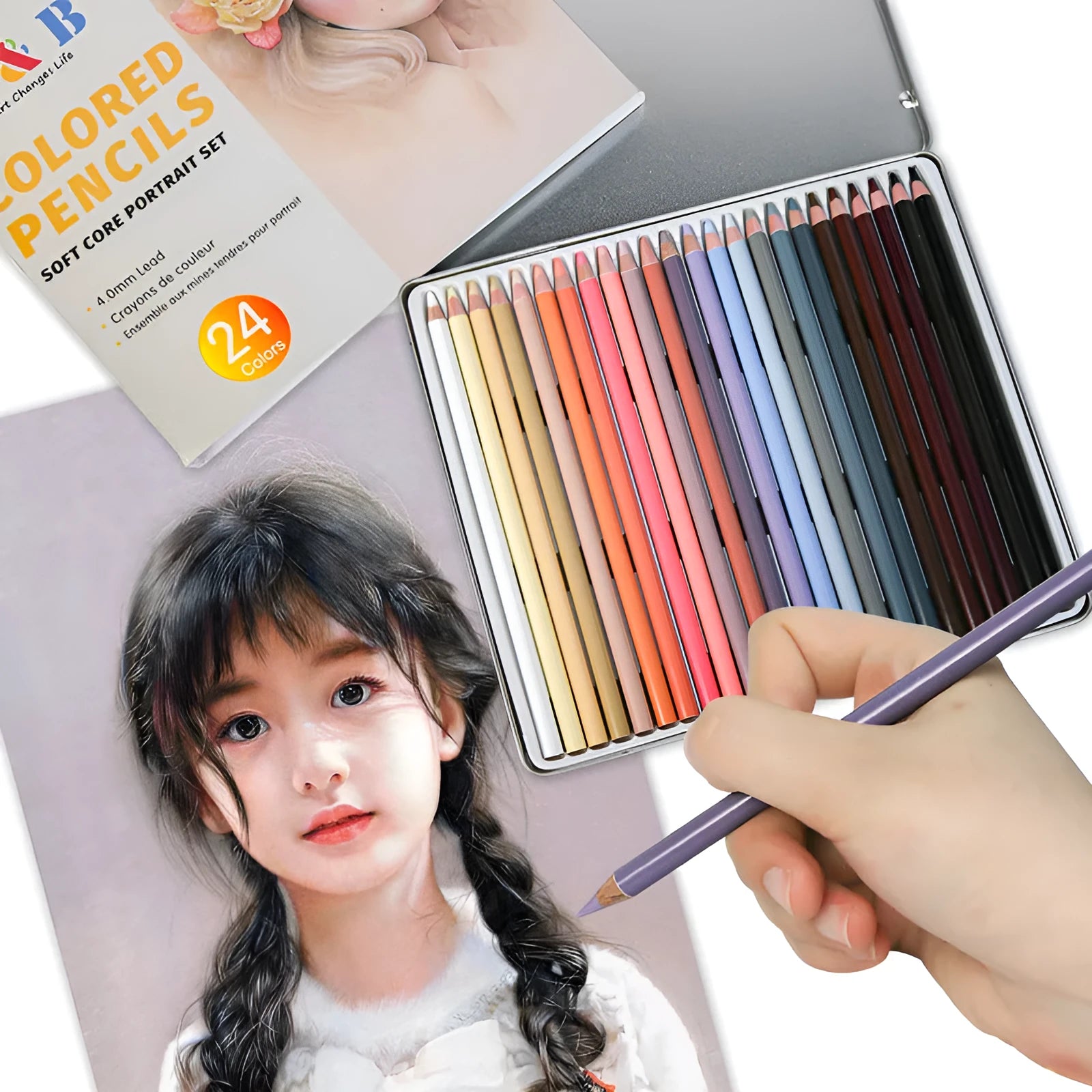 24 skin tone pencils in round iron storage pot for portrait artists and illustrators