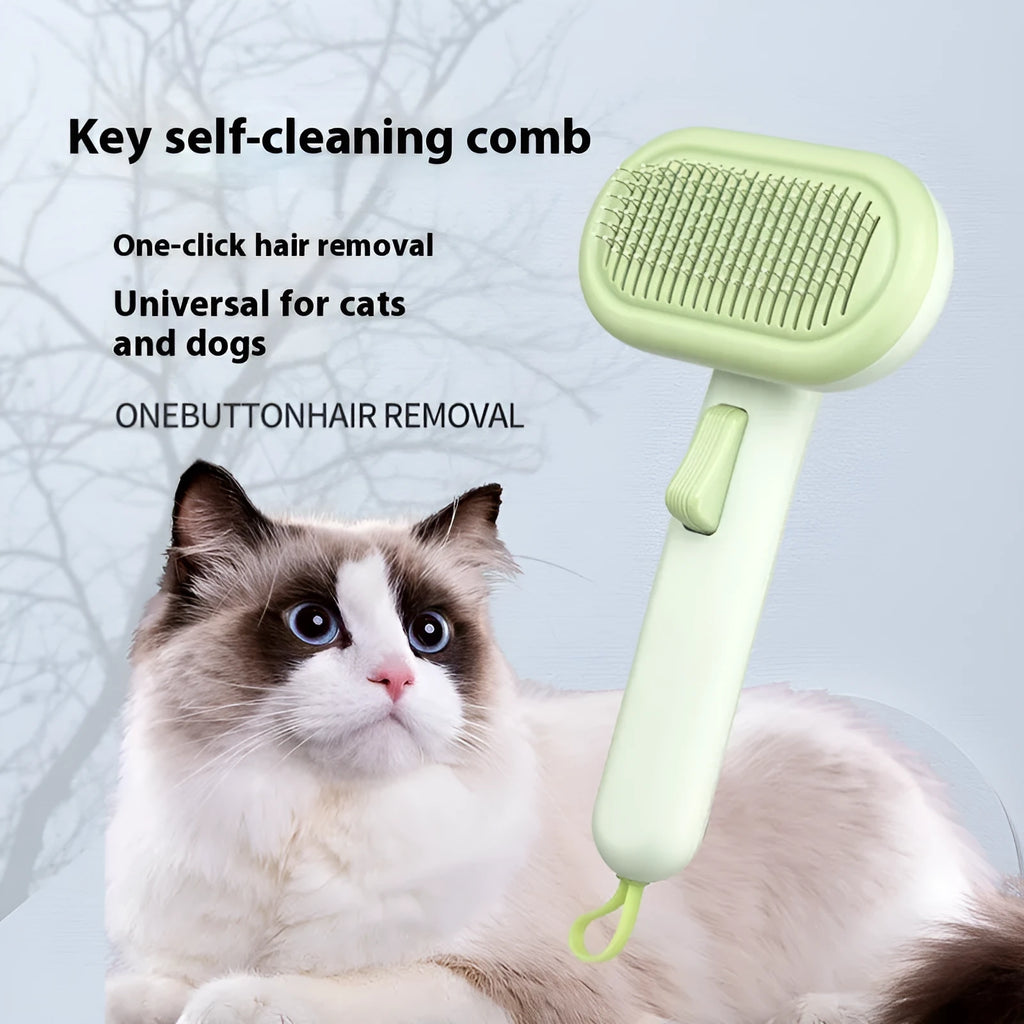 Large pet hair removal comb with one-click button in light grey colour for cat and dog grooming