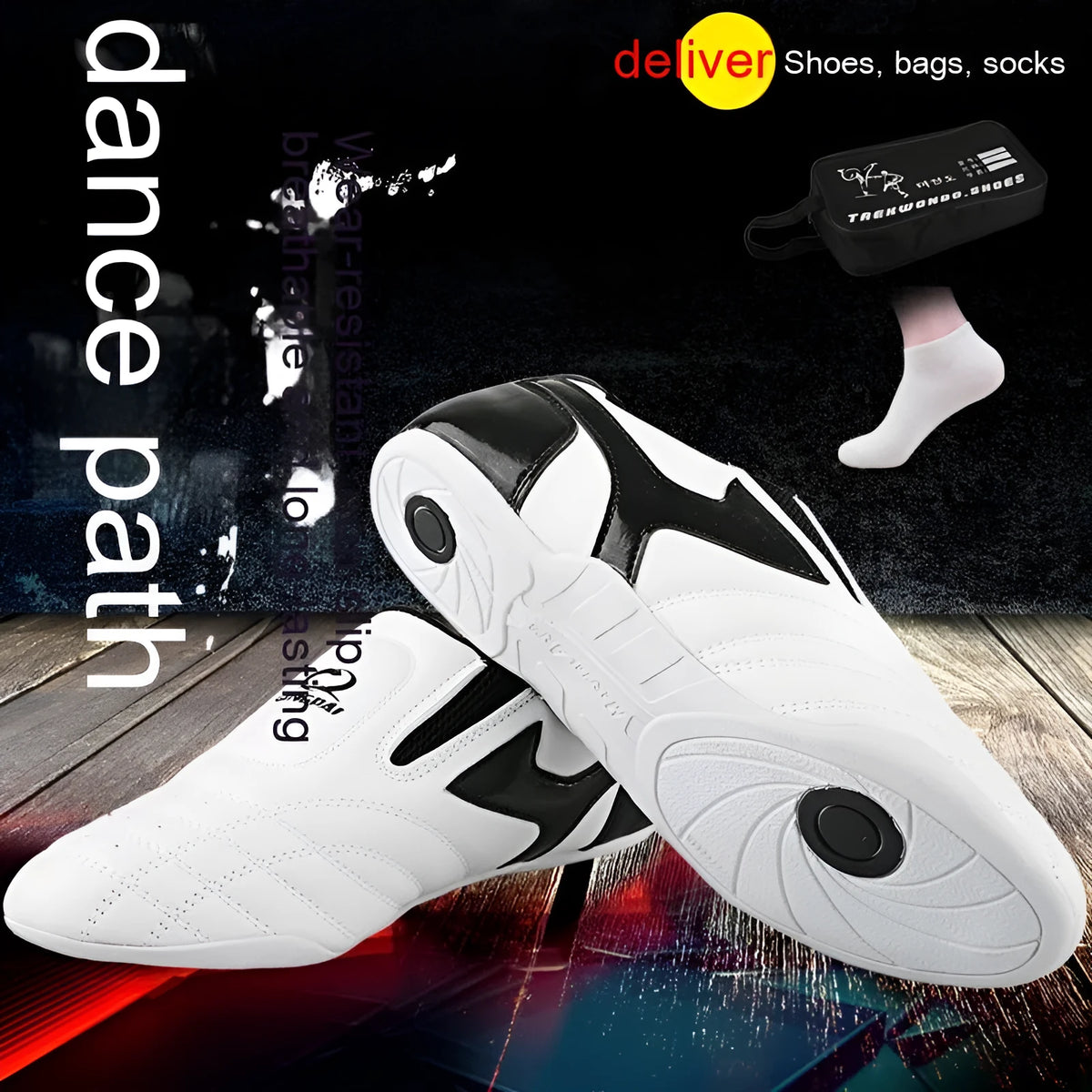 Black and White children's martial arts training shoes with soft bottom construction