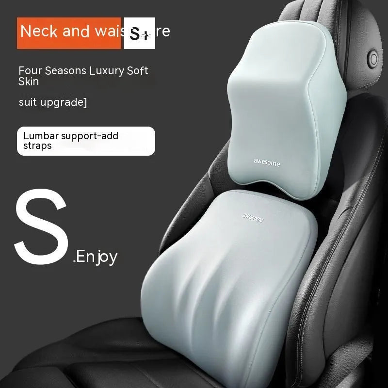 Memory foam automotive headrest pillow and lumbar support pillow set in a choice of solid colours.