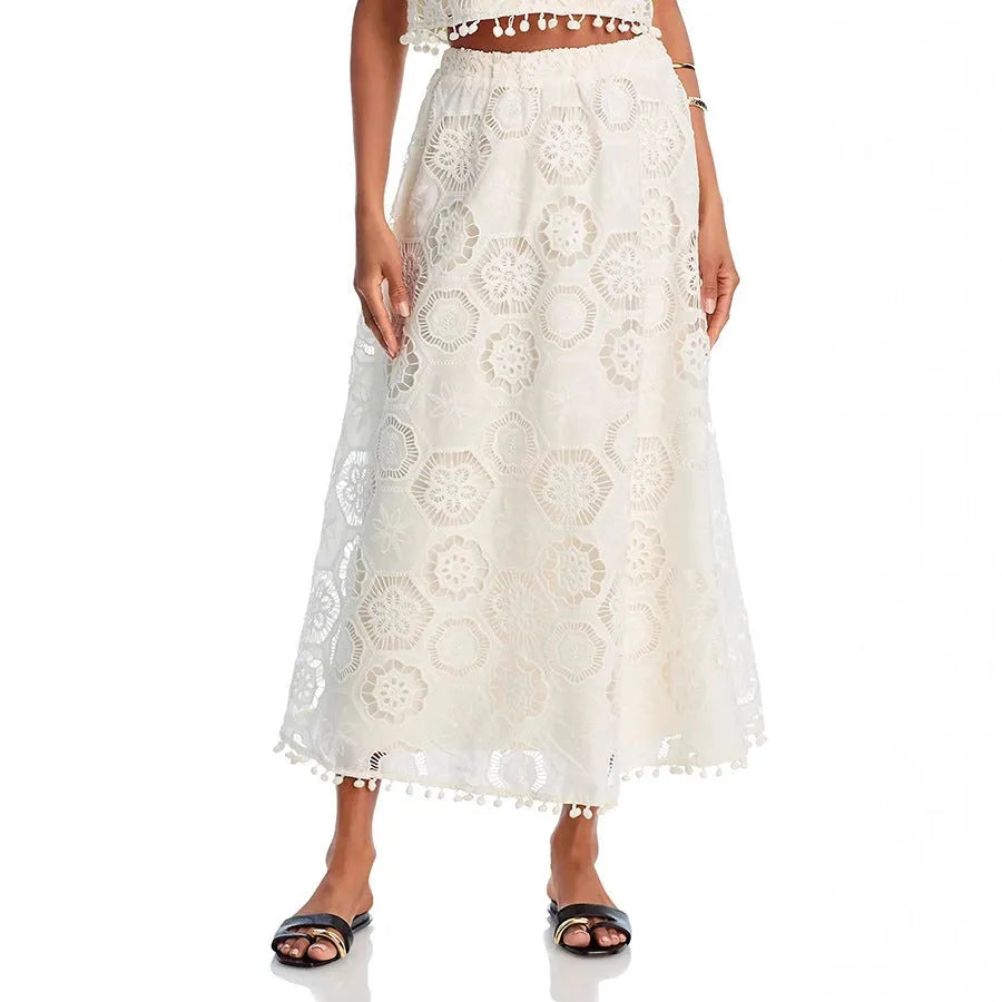 White women's sleeveless top and long skirt suit set with retro embroidery on polyester fabric