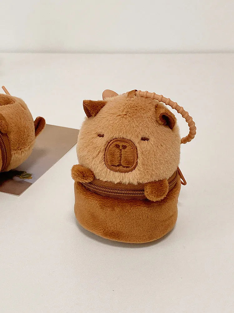 Cute Cartoon Capabala brown plush coin purse and earphone bag with embroidered animal pattern