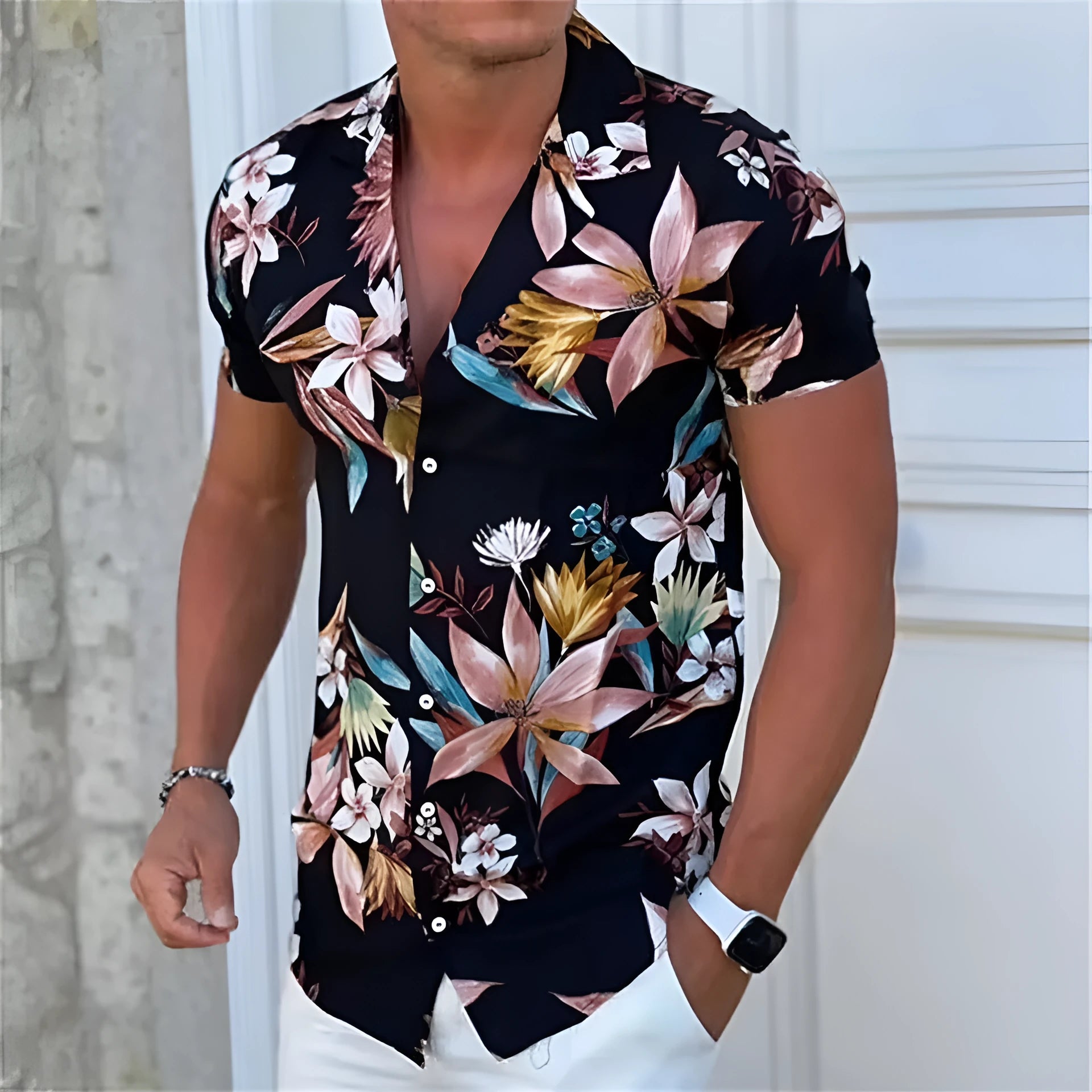 Men's floral printed short sleeve shirt in loose cardigan style for summer wear