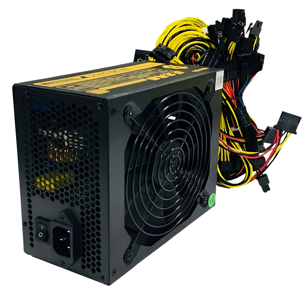 Black server power supply unit with multiple cable connectors including 12 GPU and 3 D-type ports.