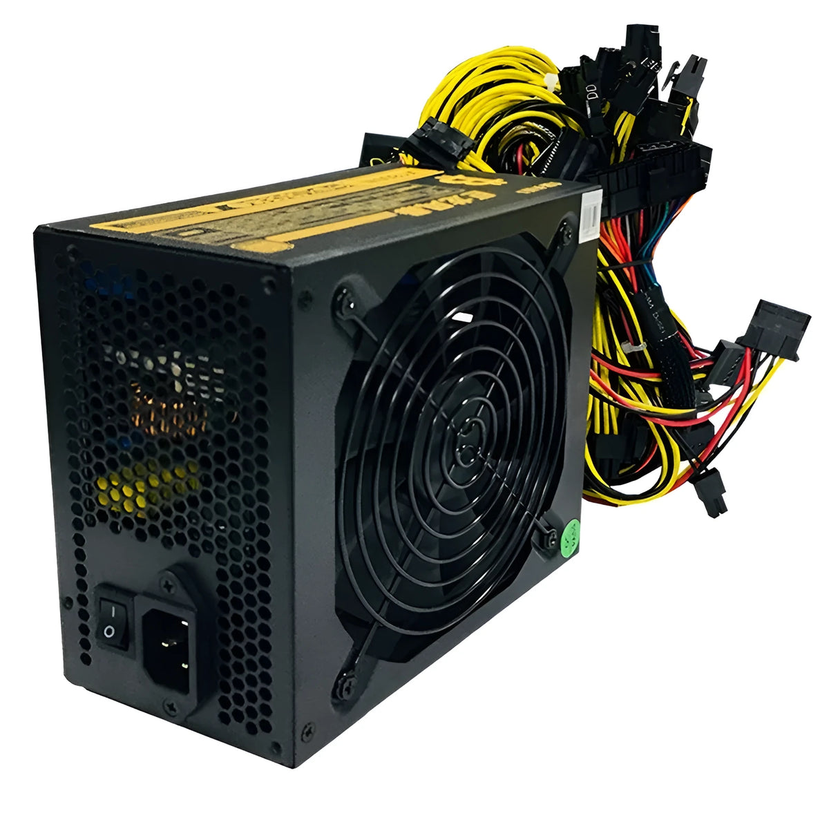 Black server power supply unit with multiple cable connectors including 12 GPU and 3 D-type ports.