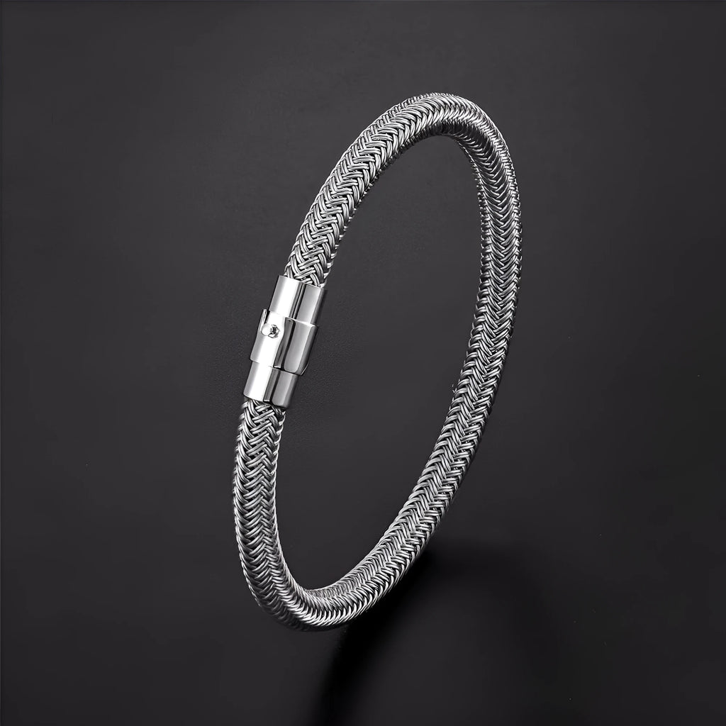 Titanium steel wire bracelet with magnetic clasp in geometric design showing line patterns