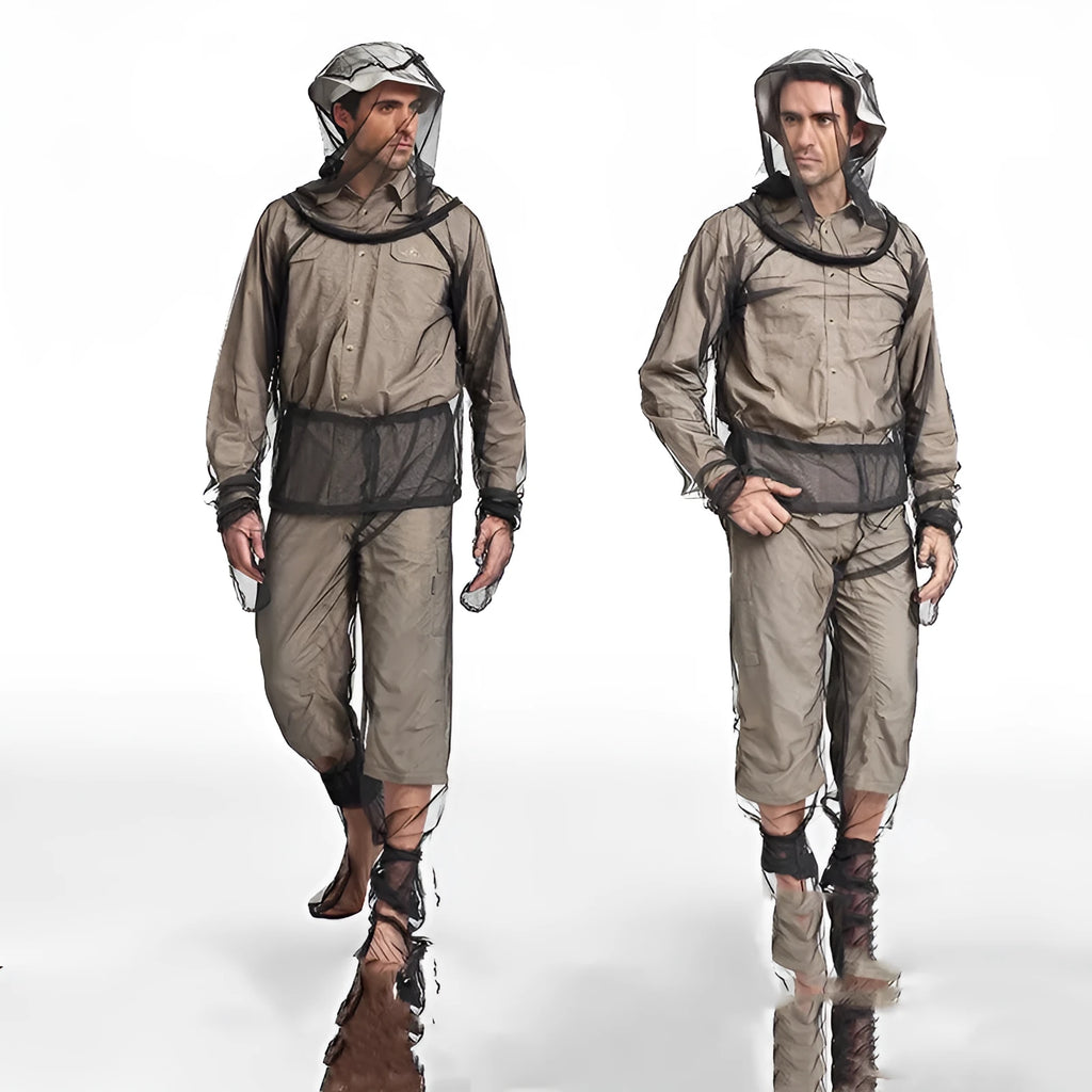 Four-piece anti mosquito suit set with hooded top, trousers and booties for outdoor protection