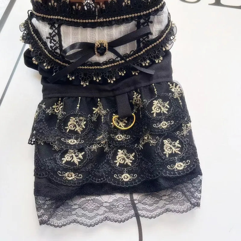 Golden gothic princess style skirt for a small dog or cat on a mannequin.