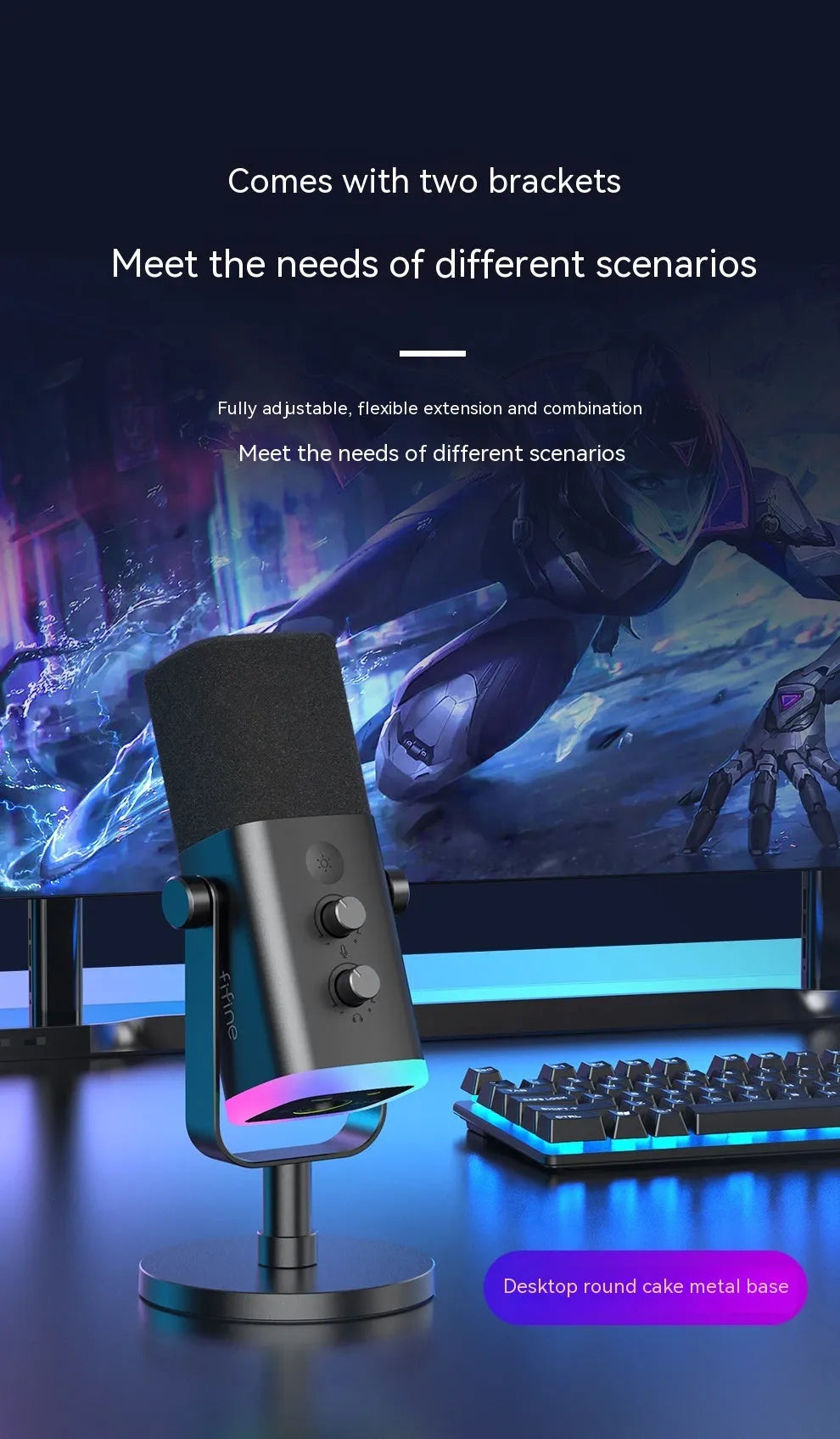 USB dynamic noise reduction microphone with XLR cable, USB cable, and base mount in black colour
