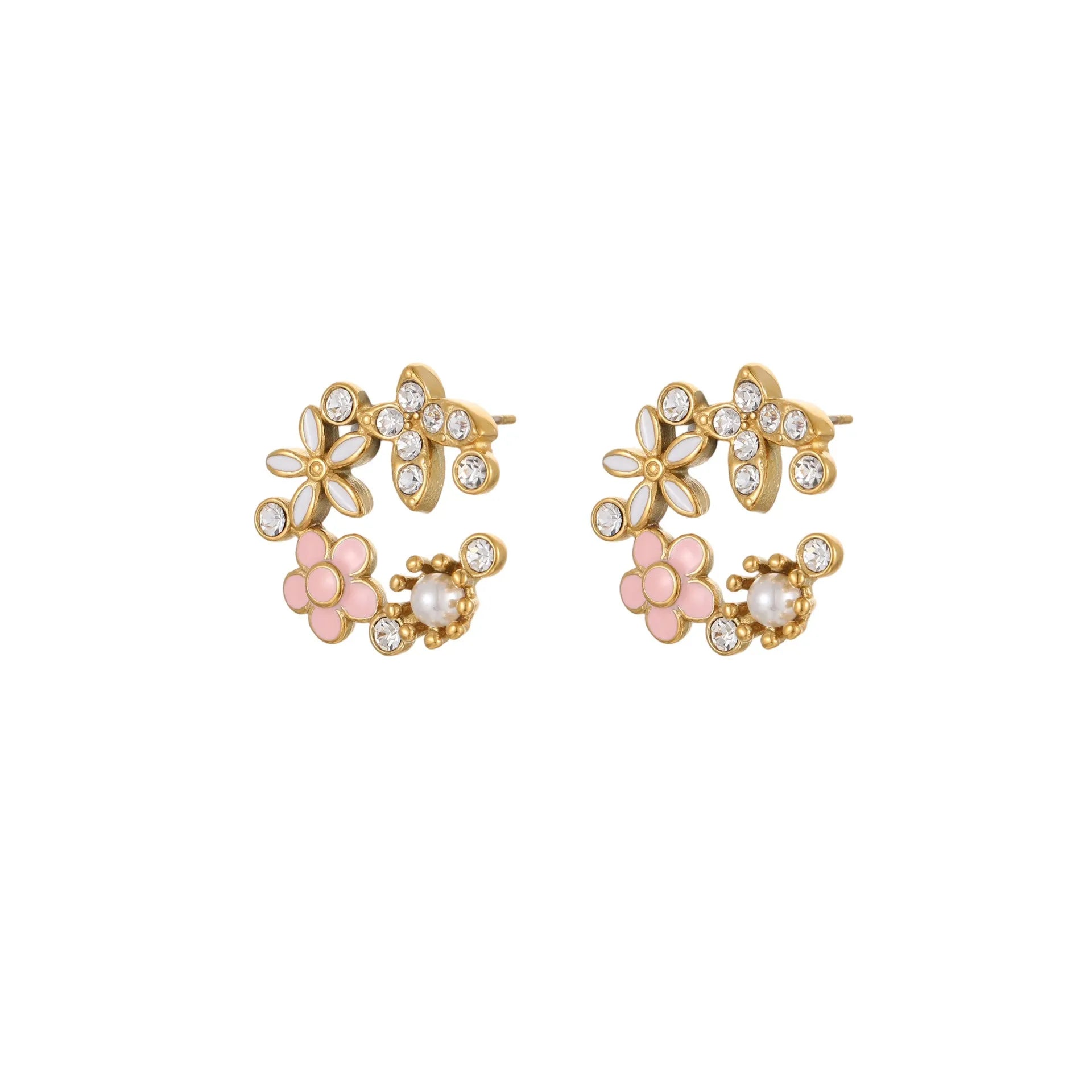 Flower stud earrings with petal design in 18K gold electroplated finish on stainless steel