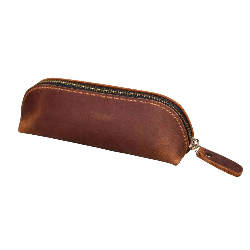 Genuine cowhide leather pencil case with zipper closure in square design measuring 18cm