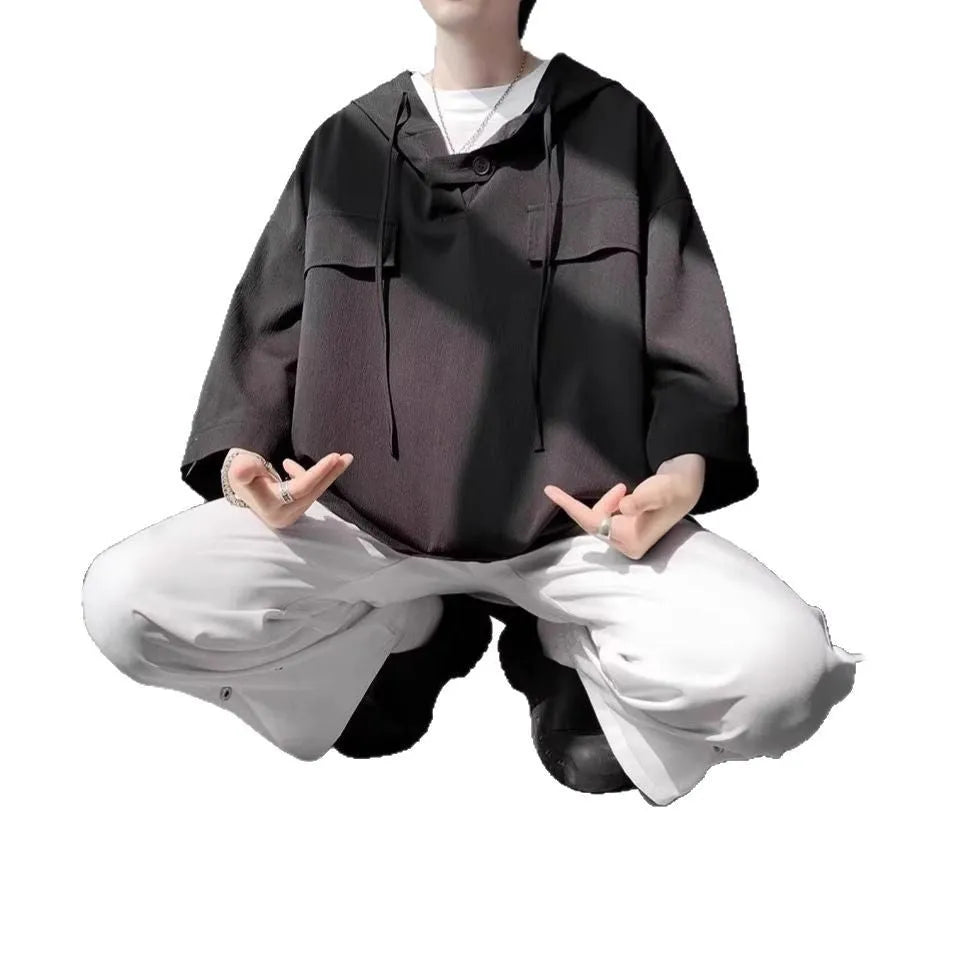 Men's hooded short sleeve polyester t-shirt in loose fit summer design