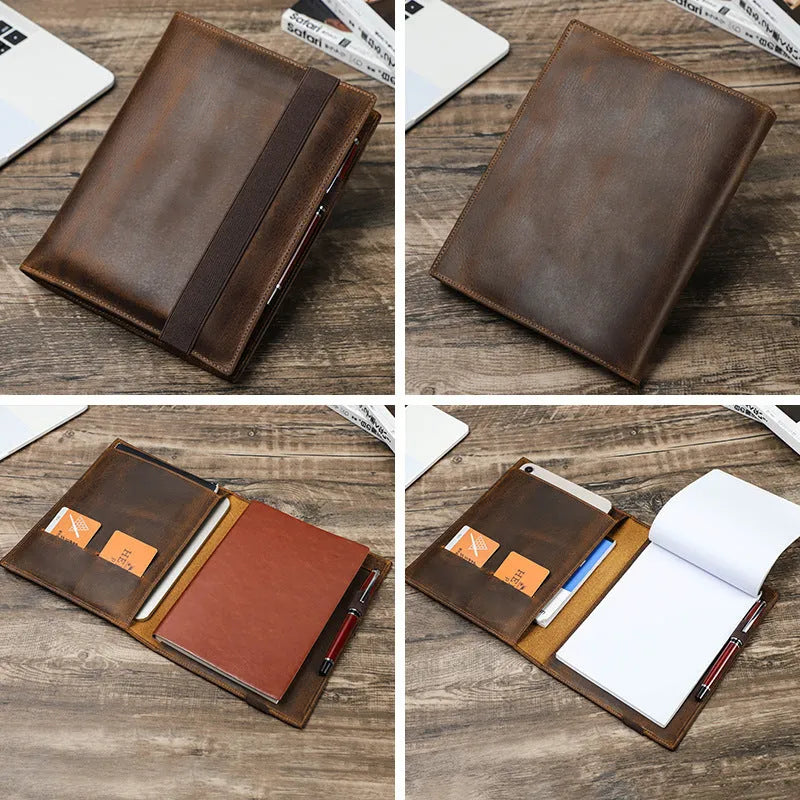 Brown Crazy Horse leather A5 notebook protective sleeve with square socket type design.