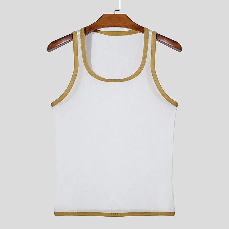 Men's solid colour polyester mesh fitness vest shown in white and black, laid flat.