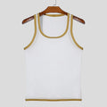 Men's solid colour polyester mesh fitness vest shown in white and black, laid flat.