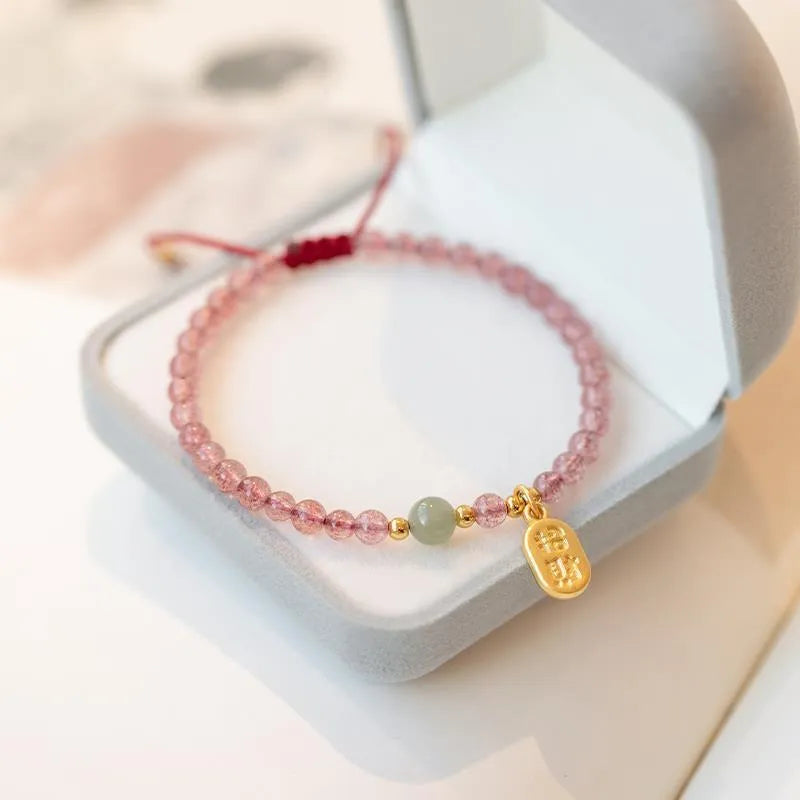 Red rope hand-woven bracelet with garnet or strawberry quartz stones in adjustable national tide style