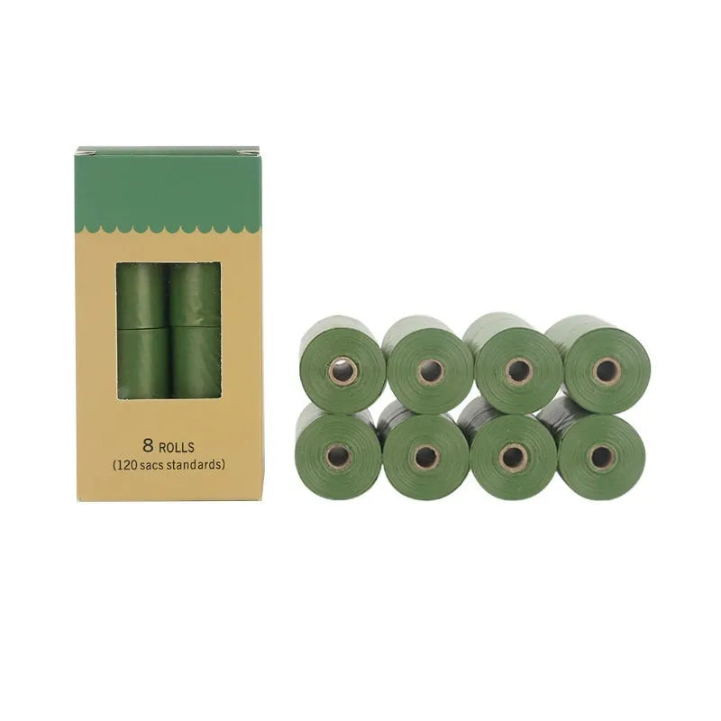 EPI degradable pet waste bag rolls in green, black, blue, and orange colours with a capsule dispenser.