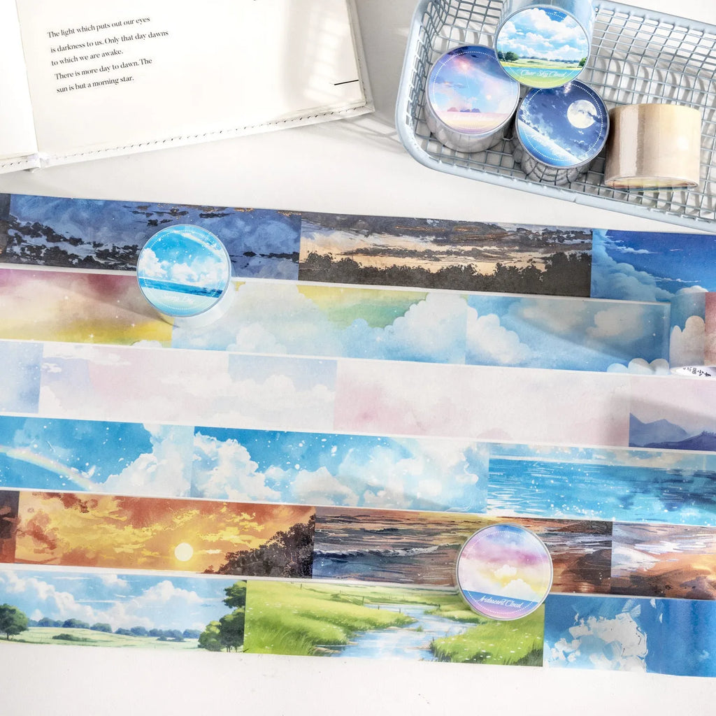 Japanese paper washi tape roll with sky theme designs including colourful clouds and twilight