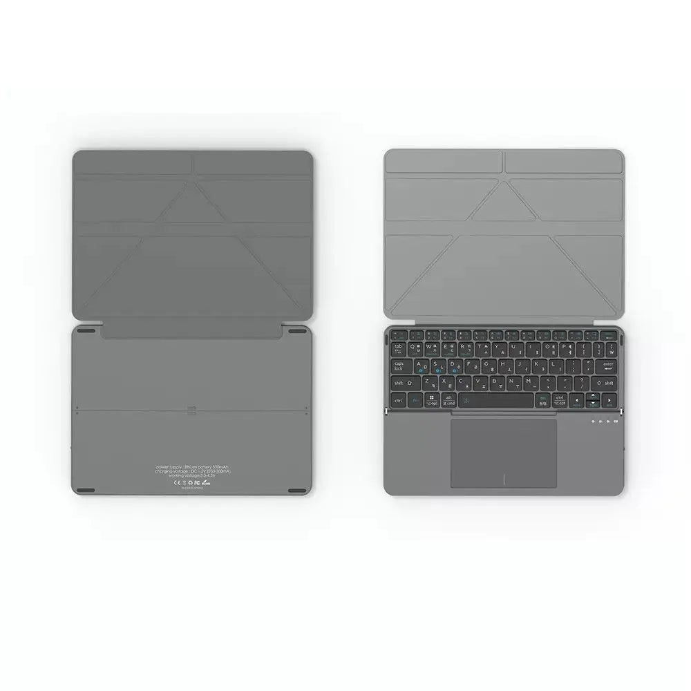 Grey wireless Bluetooth folding keyboard shown both folded and unfolded with mobile phone