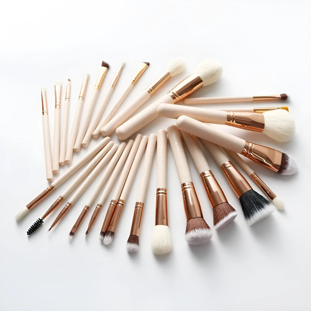 26-piece pink makeup brush set with wooden handles in portable PU case
