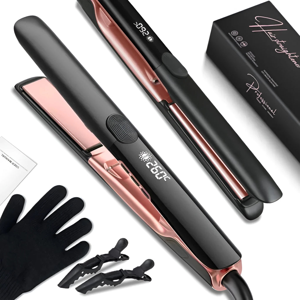 White anion hair straightener and curler with digital temperature display and EU plug
