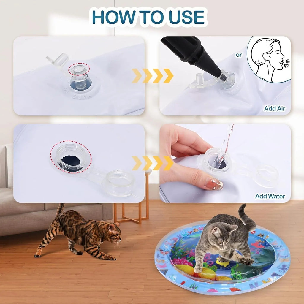 Blue water sensory playmat for cats and dogs on floor, showing inflated edge and floating fish toys inside.
