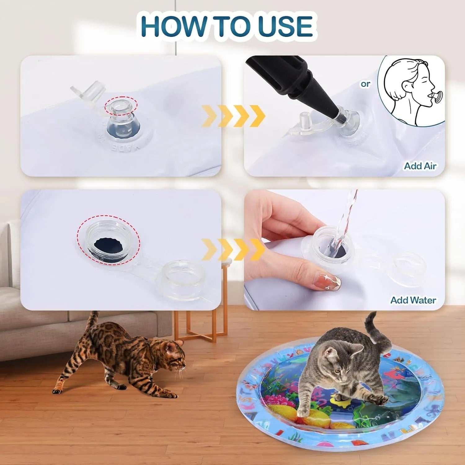 Blue water sensory playmat for cats and dogs on floor, showing inflated edge and floating fish toys inside.