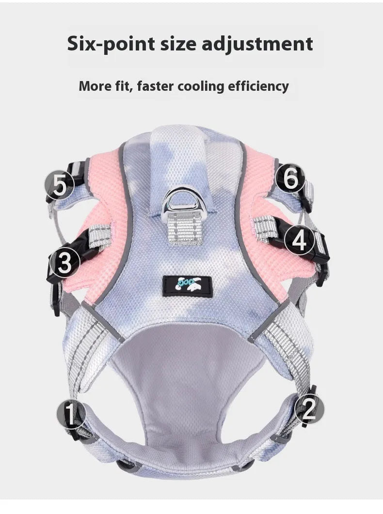 Reflective polyester dog chest strap in light blue, shown with adjustable sizing.