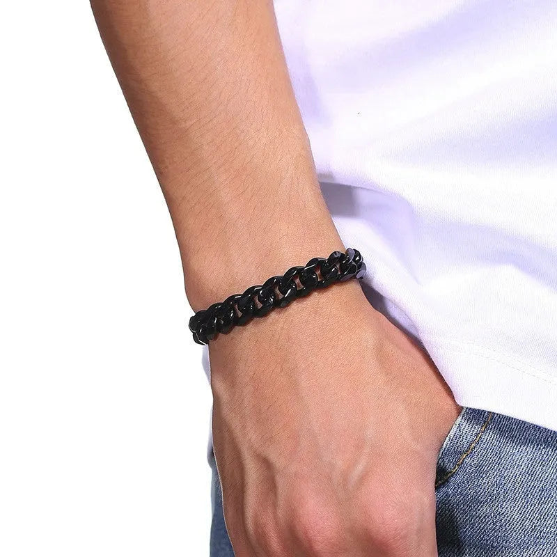 Six-sided geometric Cuban link chain bracelet in metal, shown in gold, black, and steel colour finishes.
