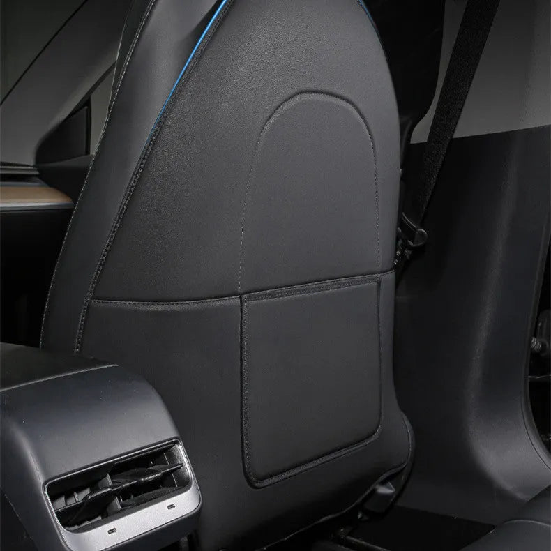 Pair of black leather anti kick pads for car seat backs, showing full coverage and single pocket.