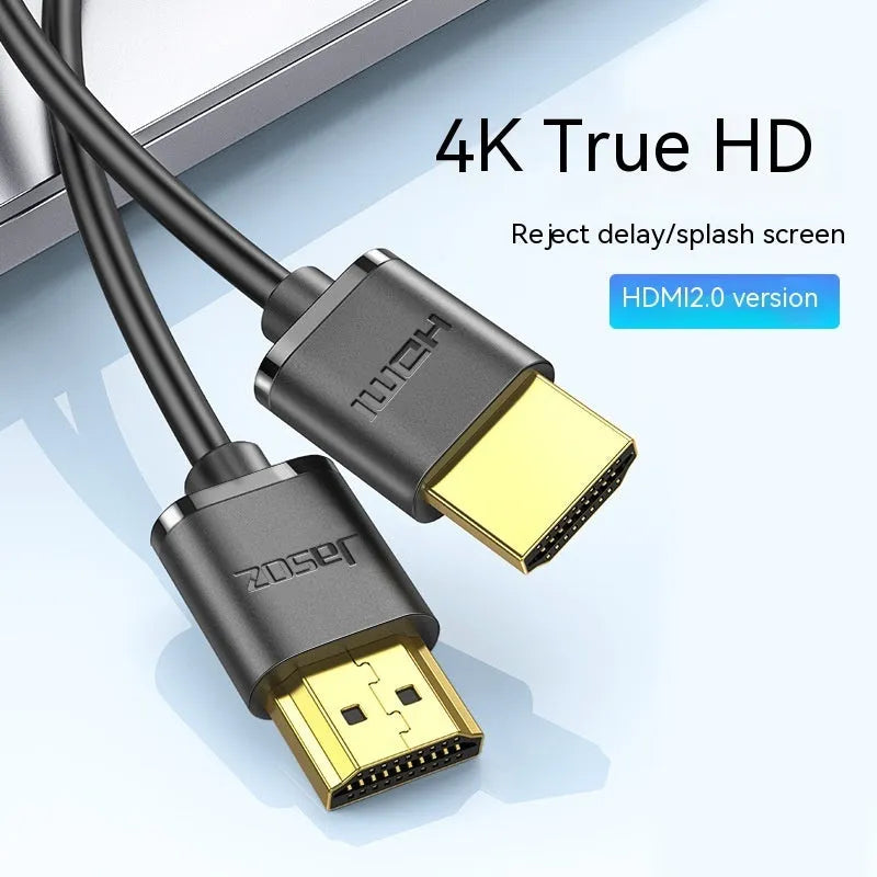 Thin flexible HDMI video cable with gold-plated connectors, shown in various lengths from 0.5 to 5 metres.
