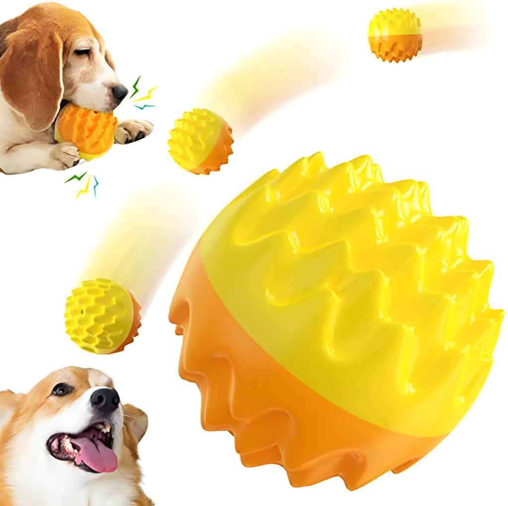 Blue rubber dog ball toy with spiky texture for dental cleaning and squeaky interactive features