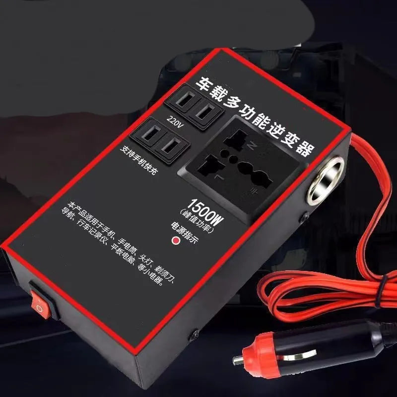 Black 12V/24V to 220V car power converter with AC socket and four USB charging ports