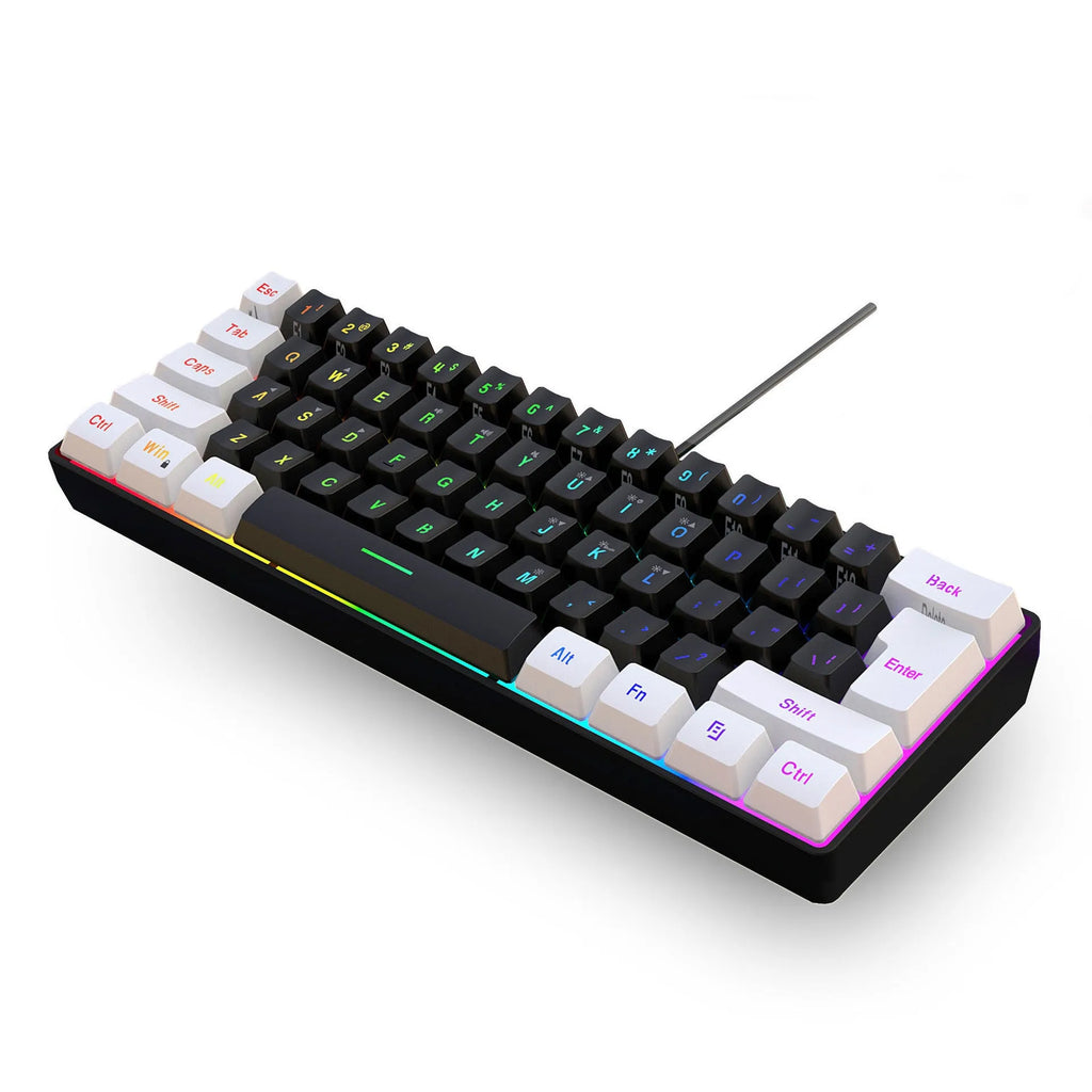 Simple wired 61-key membrane keyboard with compact UK layout in white and black colour scheme