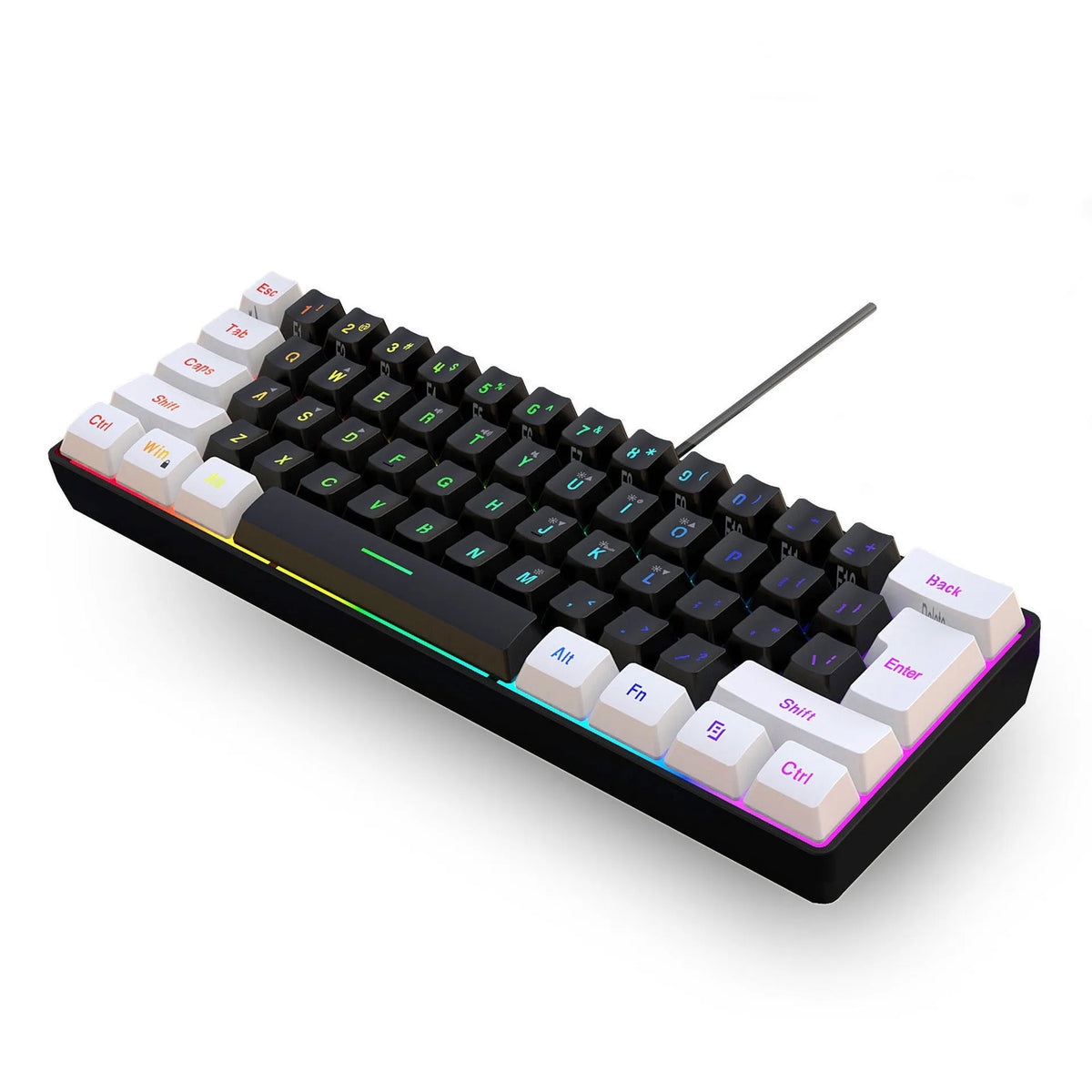 Simple wired 61-key membrane keyboard with compact UK layout in white and black colour scheme