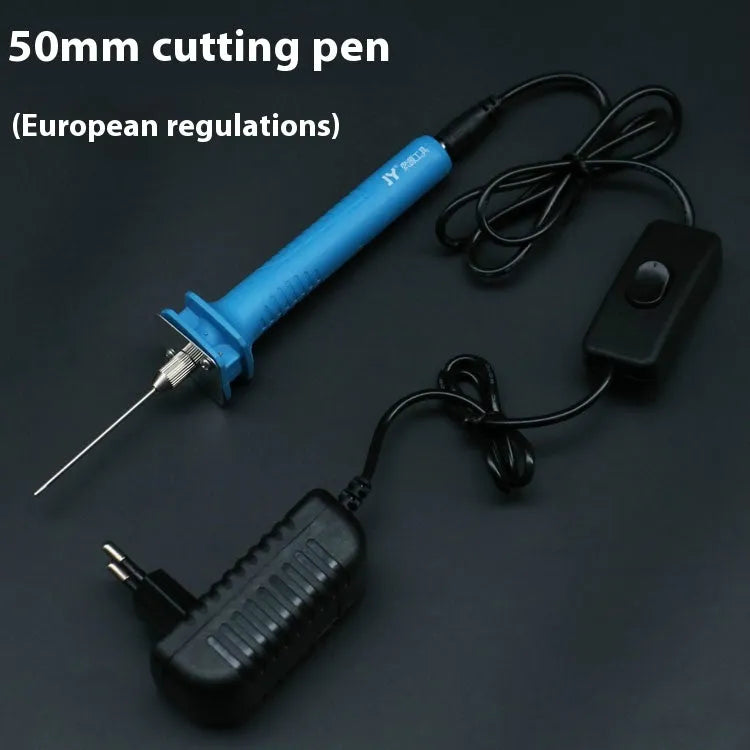 Blue handled electric heating foam cutter pen with a selection of different length metal blades.