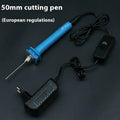 Blue handled electric heating foam cutter pen with a selection of different length metal blades.