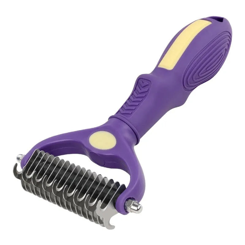 Purple double-sided plastic pet comb with ergonomic handle for removing tangles from cat and dog fur.