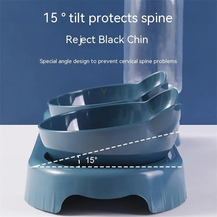 Anti-tumble cat bowl in dark blue, pink, or haze blue with automatic feeding water fountain design